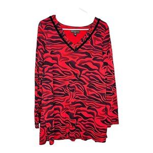 Dana Buchman Women's Long Sleeve Top 1X Red Black Tiger‎ Animal Print V Neck